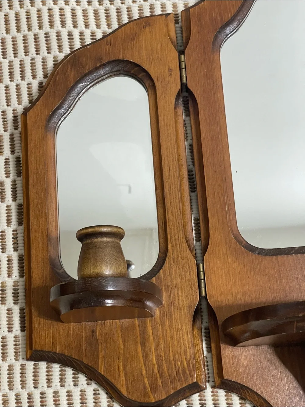 Vintage Wood Tri-View Wall Mirror Shelf in Brown